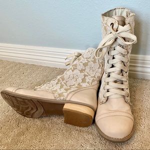 Tan Cream Crochet Lace Up Boots with Zipper